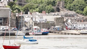 A harbor with boats docked, a stone wall, and buildings in the background. - Coed Derw Isaf (Betws-Y-Coed)