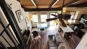 Smart TV, fireplace, books
