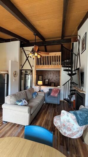 Smart TV, chimenea y libros 