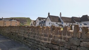 Un muro de piedra con una hilera de edificios, incluyendo un hotel llamado 'Bridgeport Arms Hotel'.