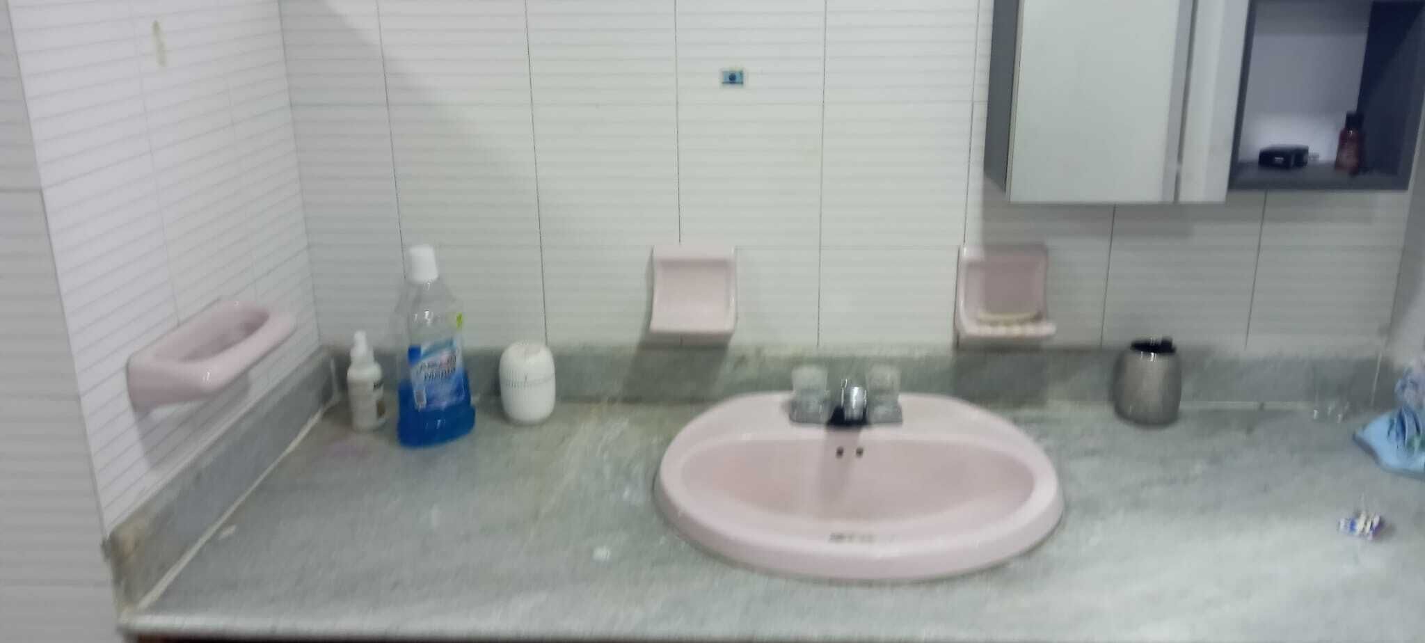 A bathroom with a pink sink, a toilet, a soap dispenser, and a small trash bin.