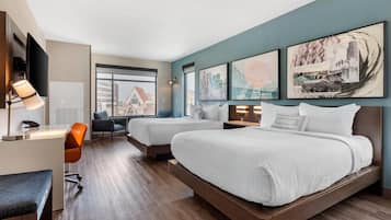 Premium bedding, down comforters, desk, laptop workspace