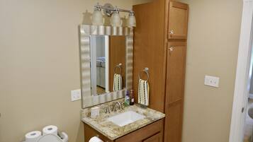 Chuveiro, secador de cabelo, toalhas de banho, sabonete