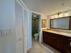 Une salle de bain avec une douche à l’italienne, des toilettes et un meuble-lavabo doté d’un grand miroir.