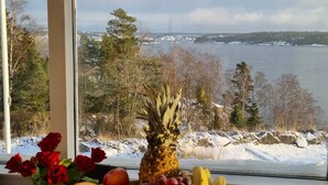 En skål med frugt på et bord med udsigt til et sneklædt landskab gennem et vindue.