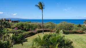 Paisagem tropical com palmeira, vegetação exuberante e vista para o oceano.