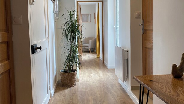 A hallway with wooden flooring, white walls, and a potted plant.