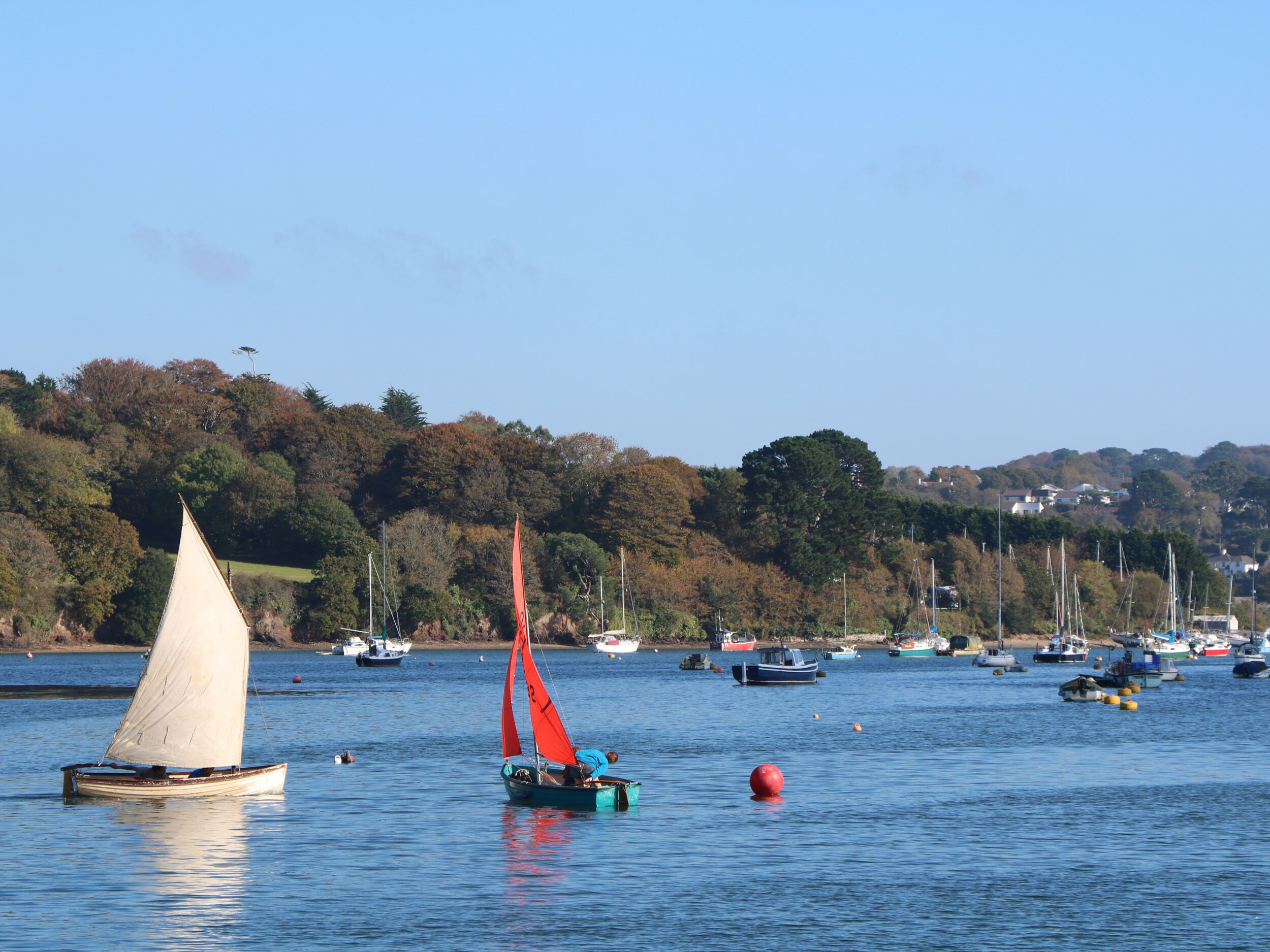 Un port tranquille où l’on peut admirer des voiliers et une petite barque à rames.