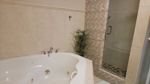 A bathroom with a large bathtub, a shower area, and a potted plant. - Private Beachfront House (Cabo Rojo)