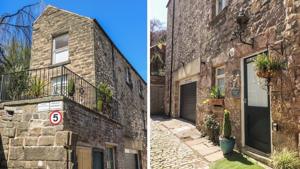 A stone building with a private driveway, a cobblestone path, and a door with a hanging flower basket. - Kirkham House (Matlock)
