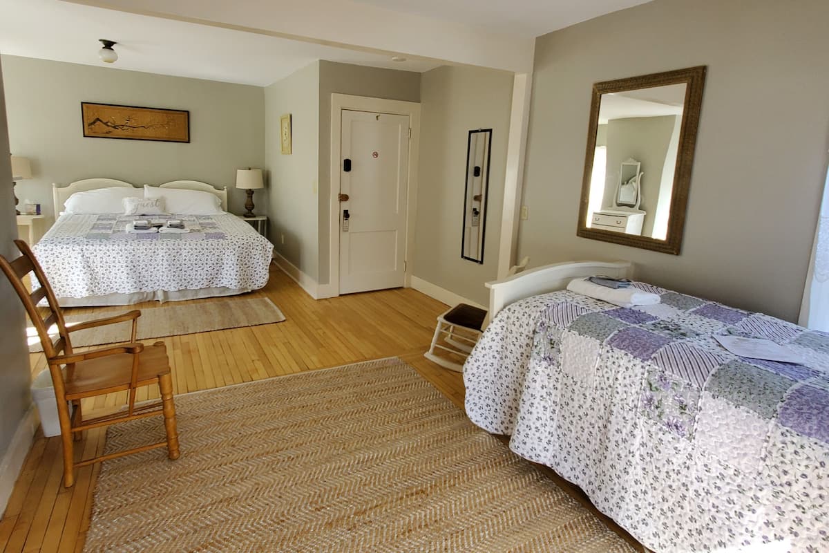 A bedroom with two beds, a wooden chair, a rug, and a mirror on the wall.
