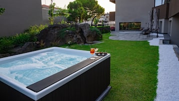 Seasonal outdoor pool, pool umbrellas, pool loungers