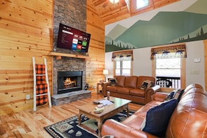 Smart TV, chimenea, futbolito y estéreo