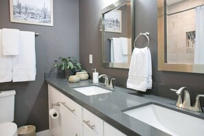 Bathtub, hair dryer, shampoo