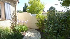 Un sendero de jardín con losetas de piedra, rodeado de plantas variadas y una pared.