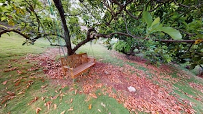 Sit and unwind in a serene garden setting, surrounded by lush greenery and a carpet of fallen leaves.