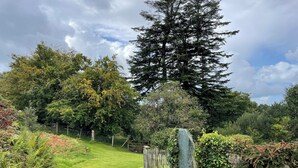 A well-maintained garden with a grassy path, a wooden fence, and various plants and trees.