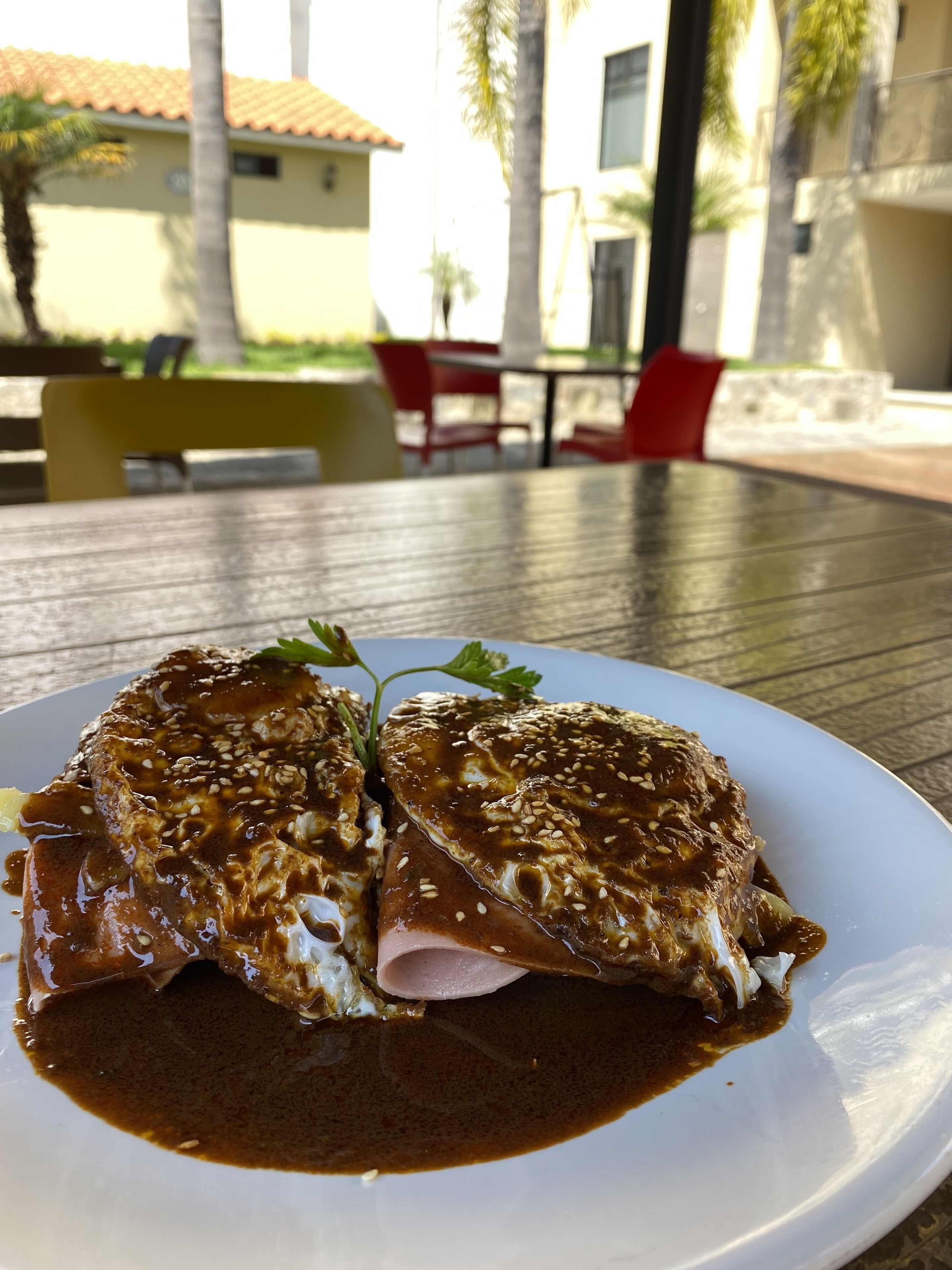 A plate of food with a sauce, placed on a table outdoors with chairs and a building in the background.