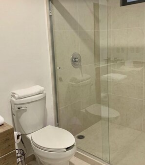 Douche, sèche-cheveux, peignoirs, serviettes fournies