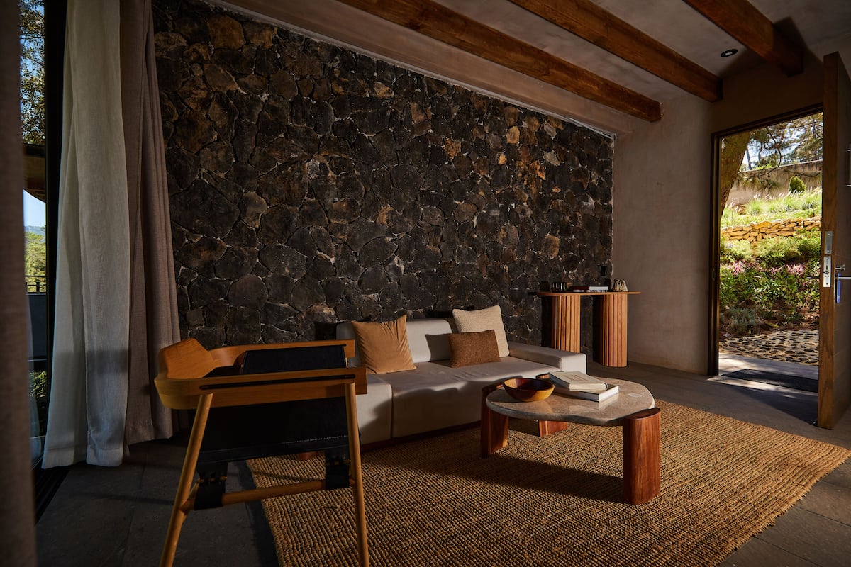 jacuzzi suite with king bed and fireplace | living area | 50-inch smart tv with satellite channels