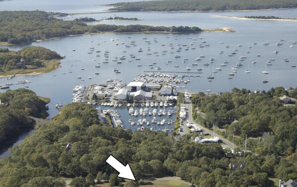Luchtbeeld van een jachthaven met veel boten die aanmeren, omringd door dicht bos.