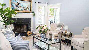 TV, fireplace, foosball, books