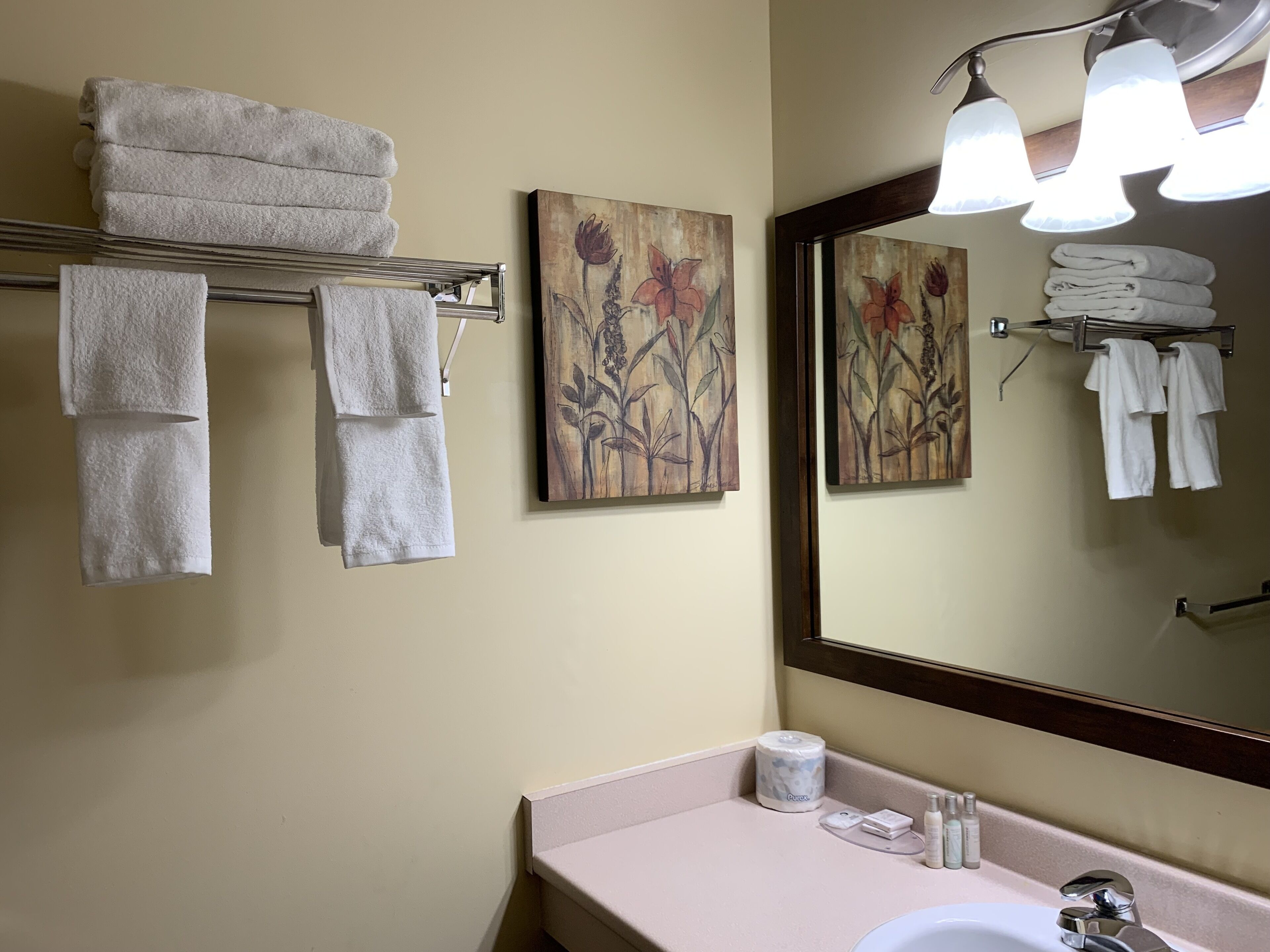 A bathroom with a sink, mirror, and towels hanging on a rack.