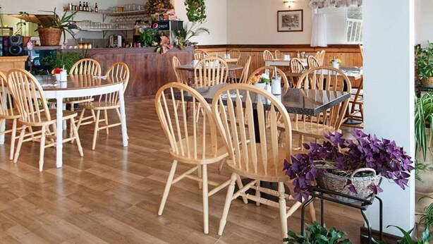 Un restaurante con mesas y sillas de madera, una zona de bar y plantas en macetas.