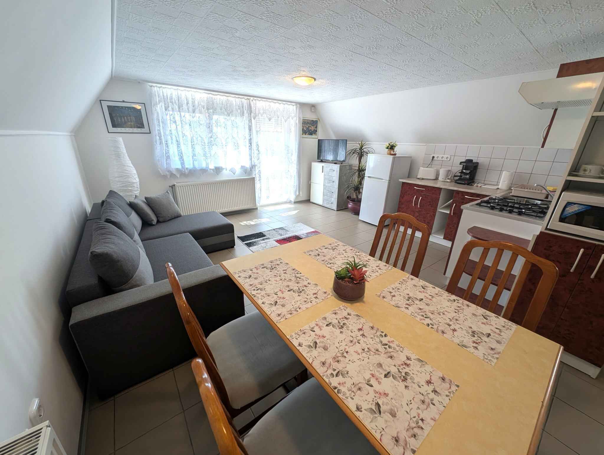 Een gezellige, compacte woonruimte met een bank, eettafel, stoelen, een keukenhoek en een raam met gordijnen.