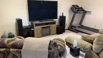 Smart TV, chimenea, reproductor de DVD y videoteca