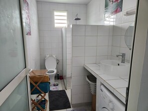 Shower, towels, soap, toilet paper