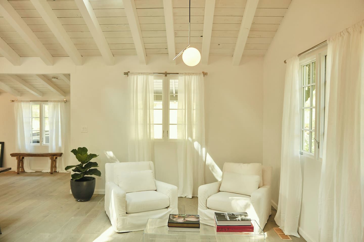 Una habitación amplia con dos sillones blancos, una planta grande en maceta y una mesa de centro de cristal transparente con libros.