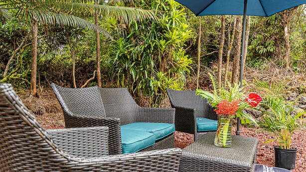 A wicker outdoor seating area with a blue umbrella, surrounded by lush greenery.