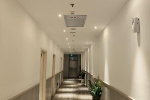 A hotel corridor with a light-colored carpet, white walls, a ceiling light fixture, and a potted plant. - Bengenei Hotel (Qiongzhong)