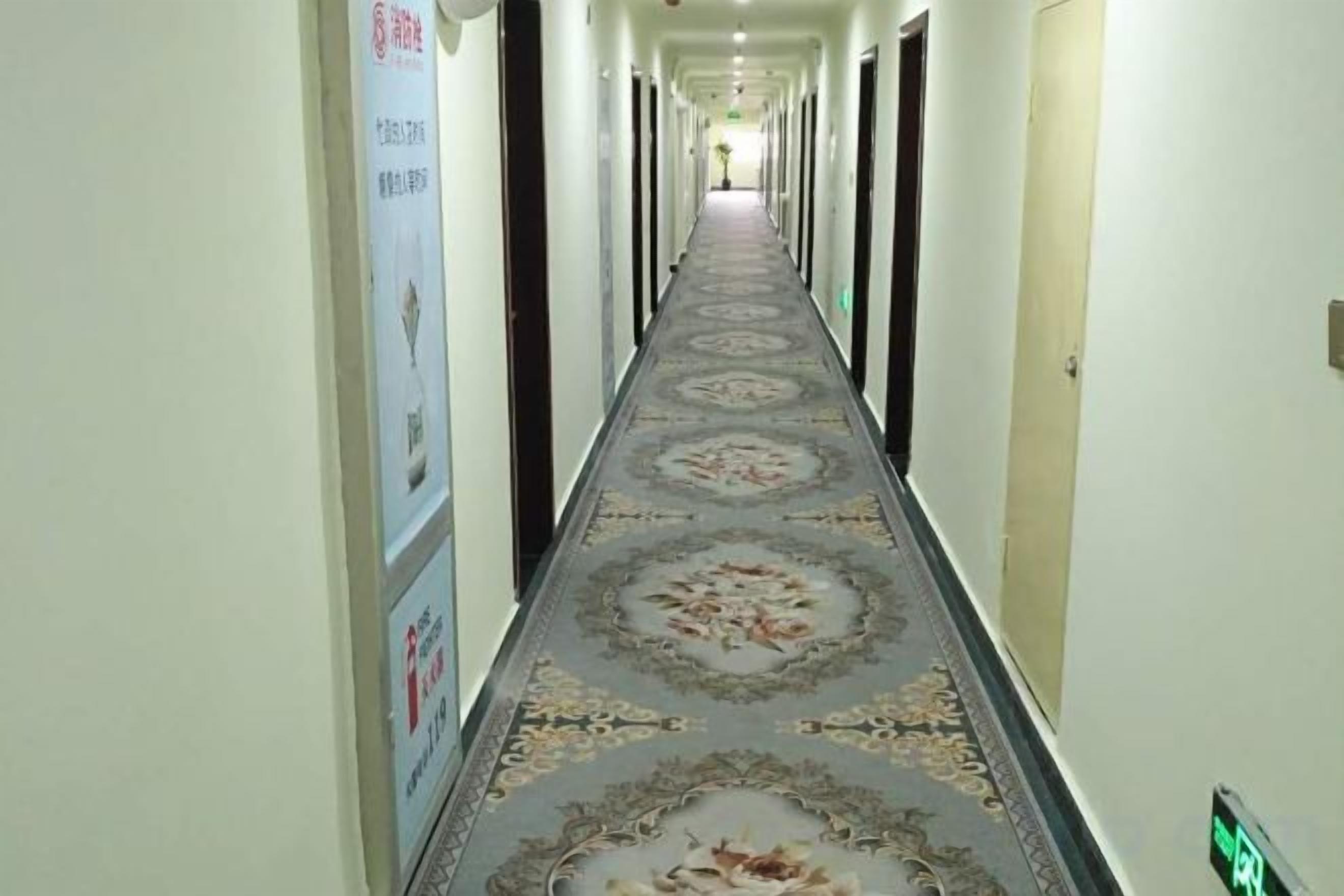 A long hallway with patterned carpet, doors on both sides, and a poster on the left wall.