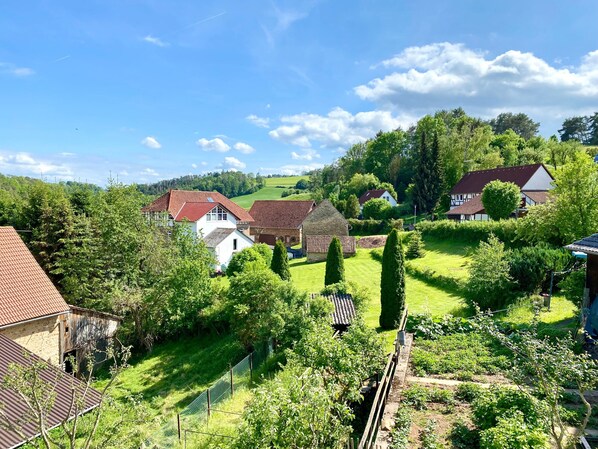 A rural landscape with houses, green fields, and trees.