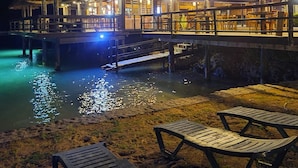 Villas sobre el agua con techos de paja, piscina y sillones de descanso.