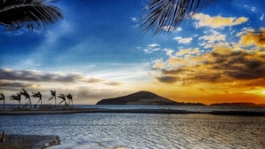 Escena de playa con palmeras, una masa de agua y una isla distante al atardecer.