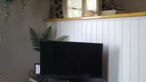 Ein Wohnzimmer mit einem Flachbildfernseher auf einem schwarzen Standfuß, einem Holzregal darüber und mehreren grünen Pflanzen an den Wänden.