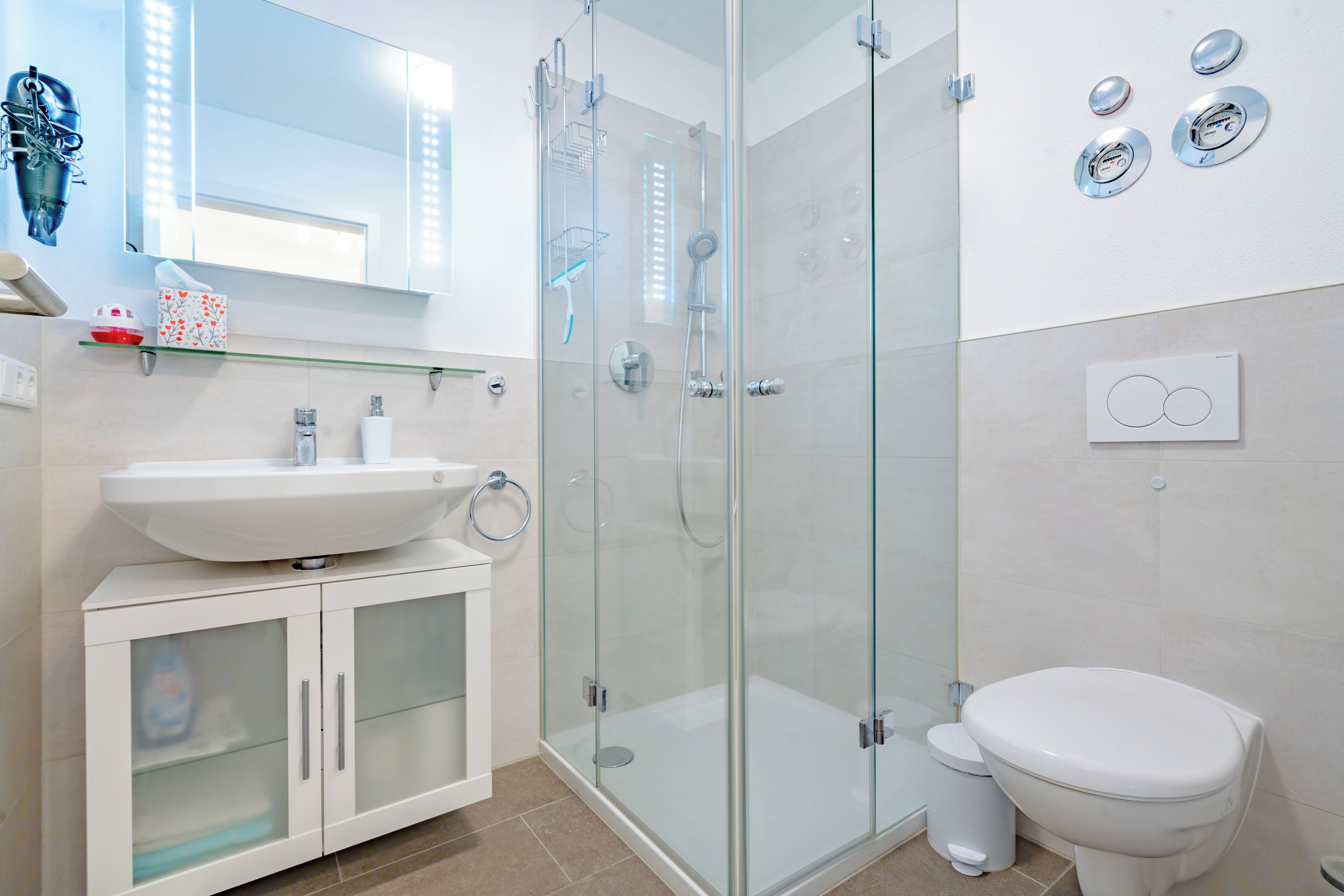 Shower, hair dryer, towels