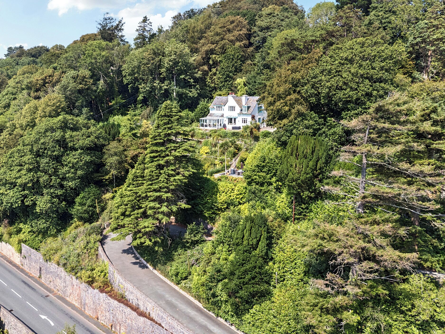 Una gran casa rodeada de un bosque denso, con un camino pavimentado que serpentea a su alrededor.