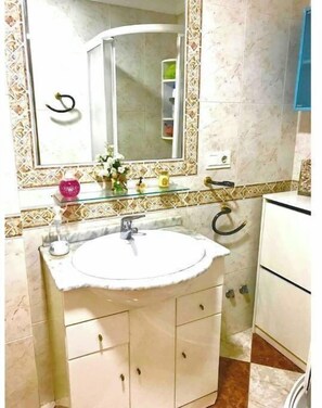 Shower, bidet, towels, toilet paper