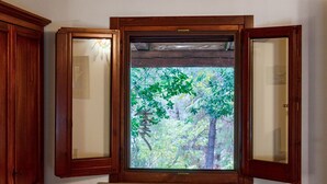 A window with a view of a forest.