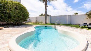 A swimming pool with a metal ladder, surrounded by a stone patio, a palm tree, and a white wall. - Villa in Favignana with Pool & Near the Sea (Favignana)