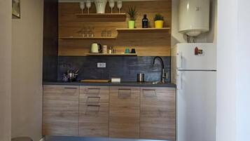 Fridge, stovetop, dishwasher, electric kettle