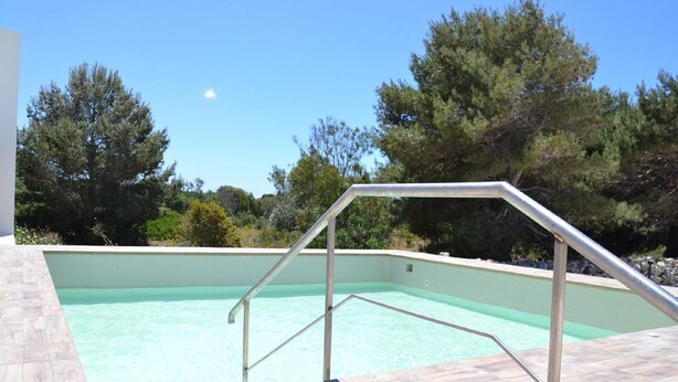 A rectangular swimming pool with a metal safety railing, surrounded by a wooden deck and trees. - Beach Home in Favignana with Pool (Favignana TP)
