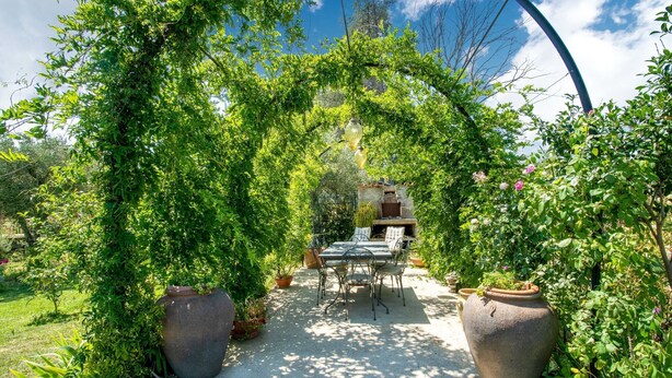 An outdoor patio with a table and chairs, surrounded by lush greenery and large pots.