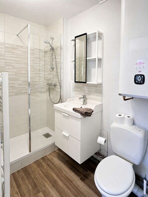 A modern bathroom with a glass-enclosed shower, a white sink with a mirror above it, and a toilet with a white tank.