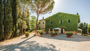A building with a green exterior covered in ivy, surrounded by trees and potted plants.
