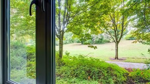 Uitzicht door een raam op een weelderige tuin met bomen en een gazon.
